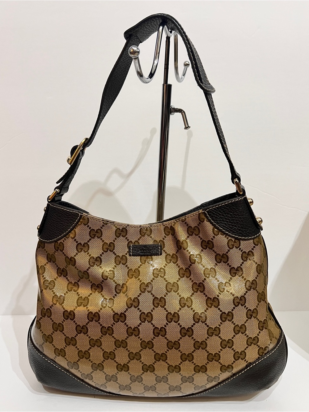 Gucci Beige Brown Monogram Tote with Black Leather Trim